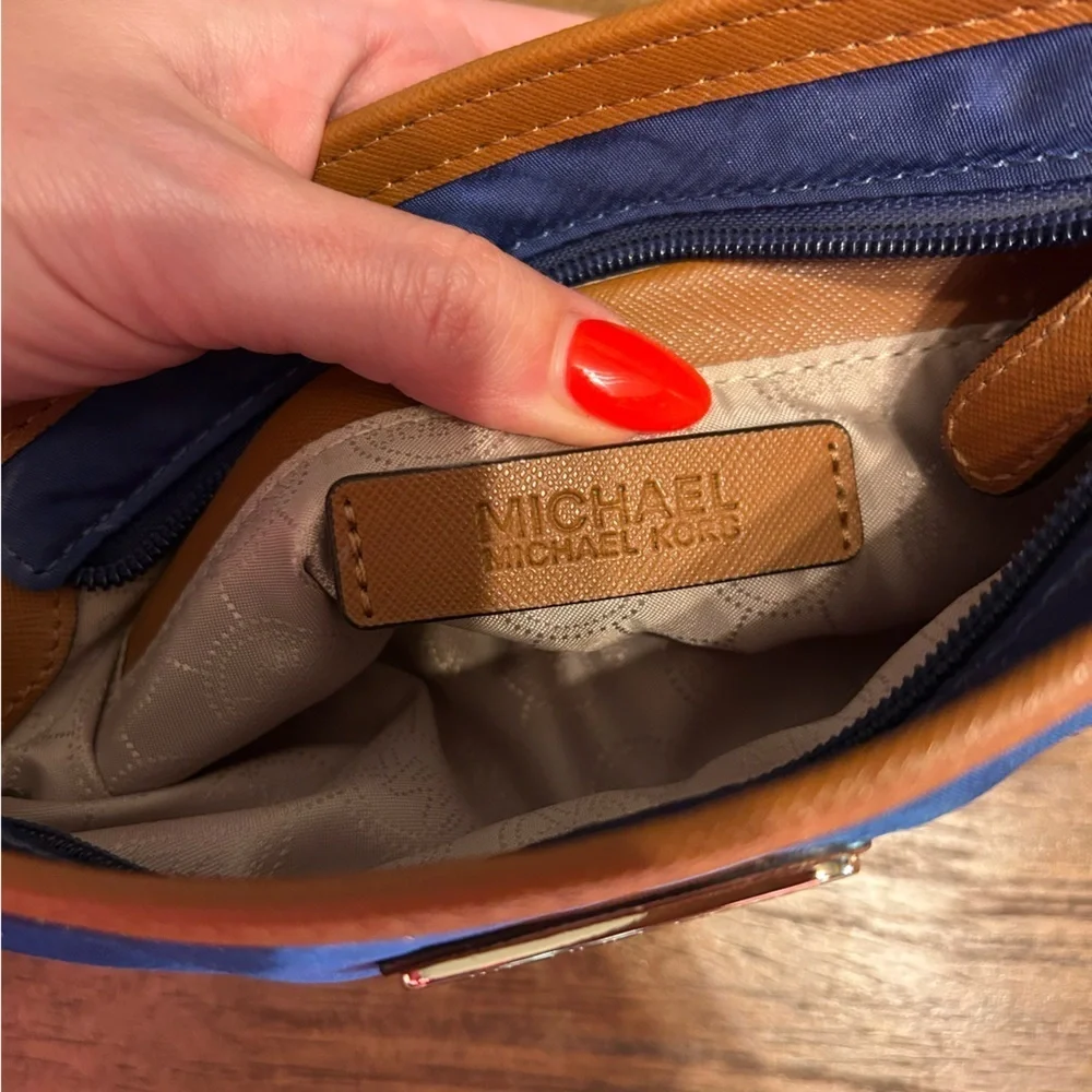 Michael Kors Kempton Blue and Tan Nylon Crossbody Purse